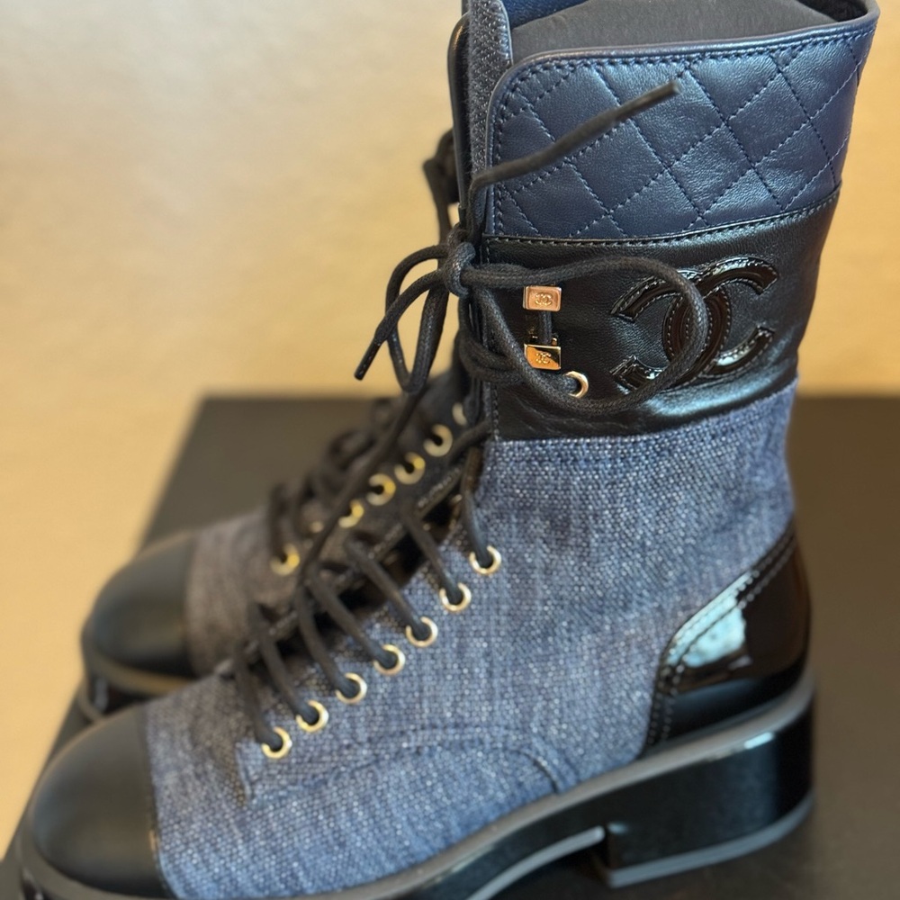 Chanel Lace Up Combat Boot Navy and Black - Picture 4 of 12